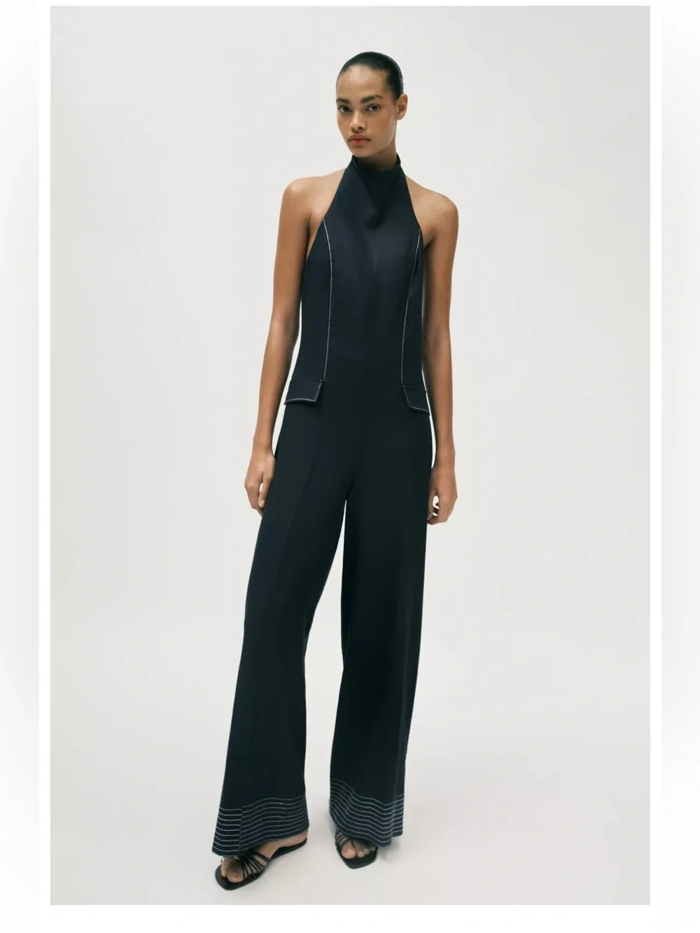 Zara LINEN HALTER JUMPSUIT WITH CONTRAST TOPSTITCHING